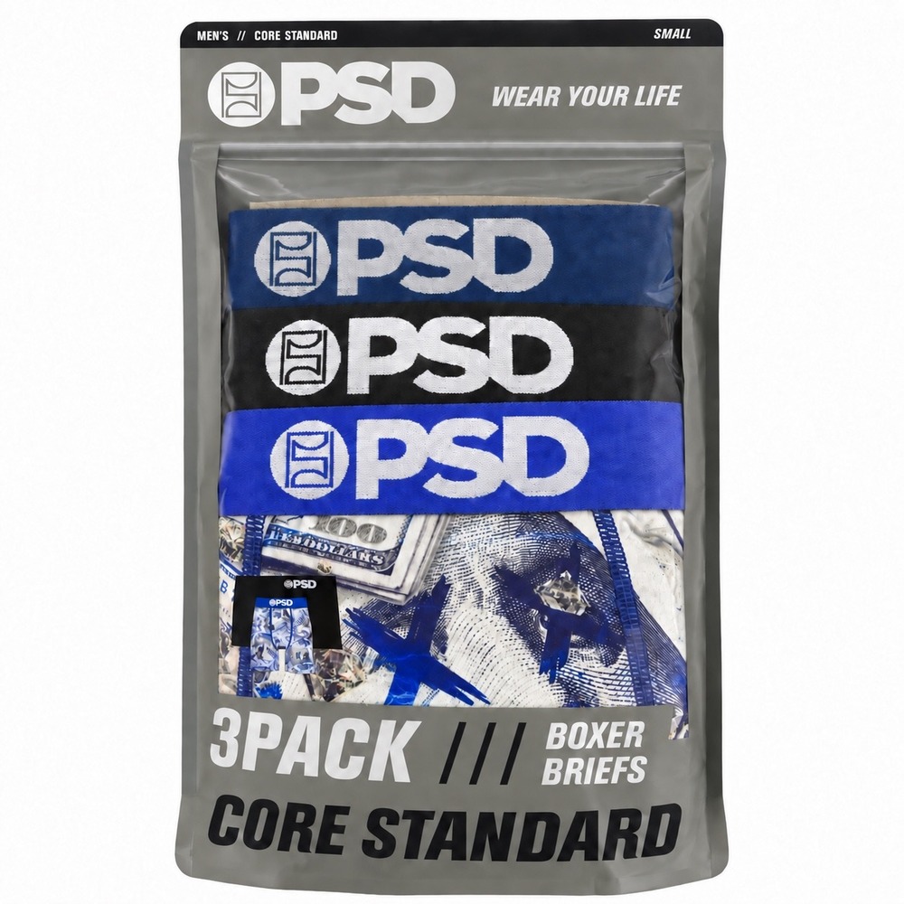 PSD Mens 3-Pack Boxer Briefs Core Standard Blue Black Money Print Small